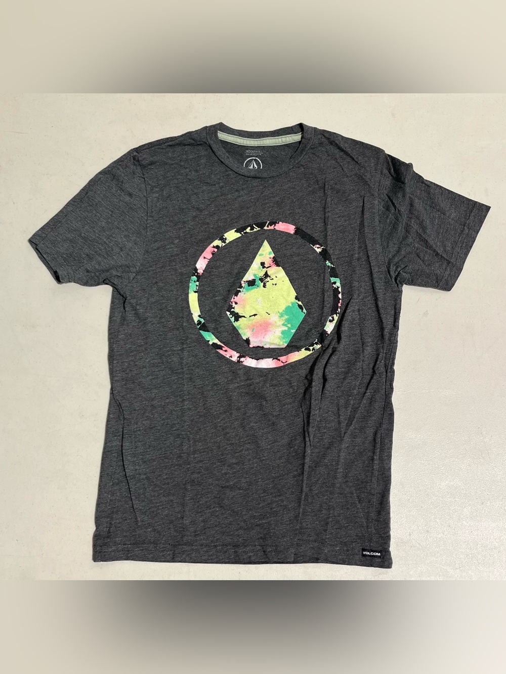 Volcom Dark Gray Short-Sleeve Tee with Neon Tie-Dye Logo